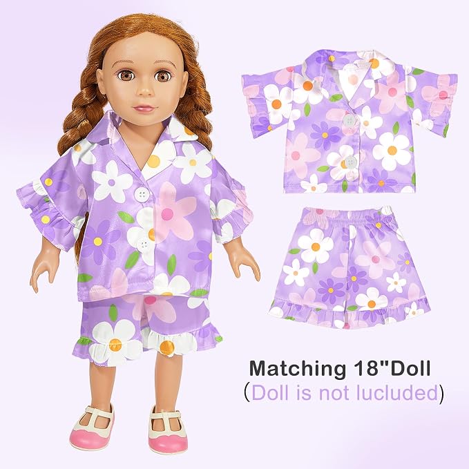ICOSY Matching Doll & Girls Silk Pajamas Satin Pjs for Girls Button-Down Top and Shorts for 18" Doll Girl Clothes