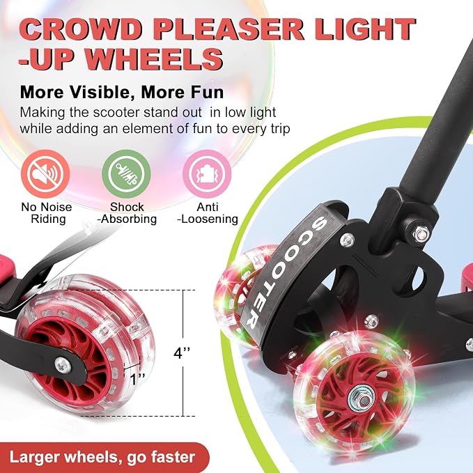 Scooters for Kids 6-8 8-12, Folding 3 Lighted Wheels Kick Scooter,3 Adjustable Height Handlebars, Lean-to-Steer,Widen Anti-Slip Deck, Heavy Duty Scooter for Boys Girls Ages 6-12,up to 170 Lbs
