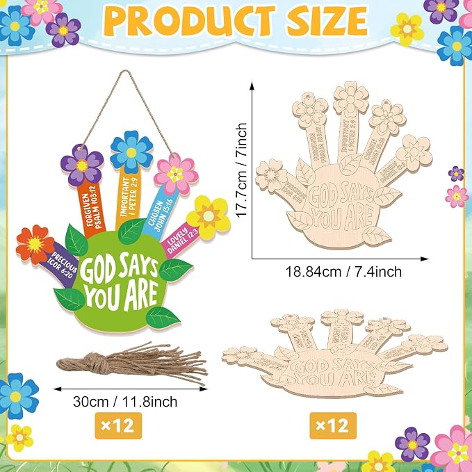 CHUNNIN 12 Set Sunday School Craft Kit 2026 VBS God Says Handprint Flower Craft Christian Wooden Pot Painting Coloring Kit DIY Activities Religious Bible Gift with String for Classroom Church Home
