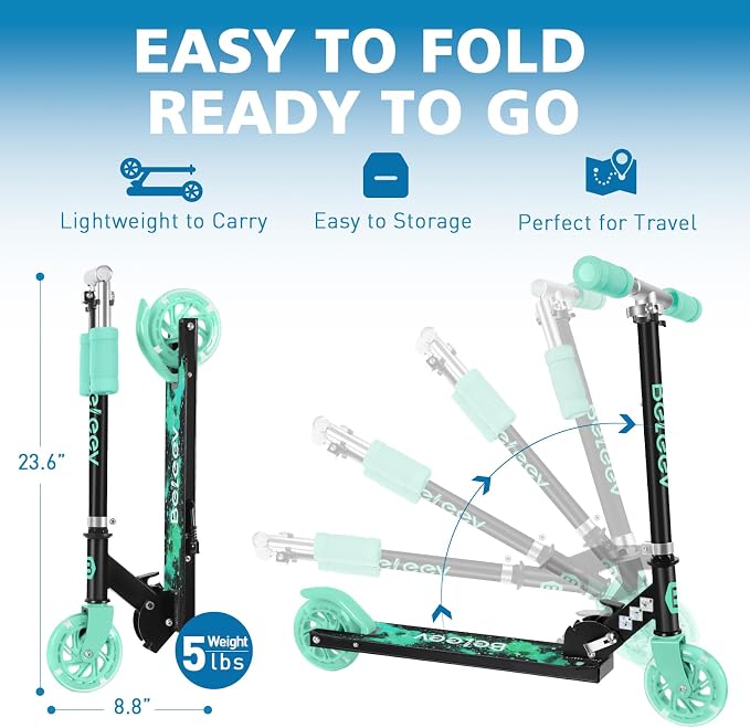 BELEEV V1 Scooters for Kids, 2 Wheel Folding Kick Scooter for Girls Boys, 3 Adjustable Height, Light Up Wheels, Lightweight Scooter with Sturdy Frame, Kickstand for Children 3 to 12 Years Old