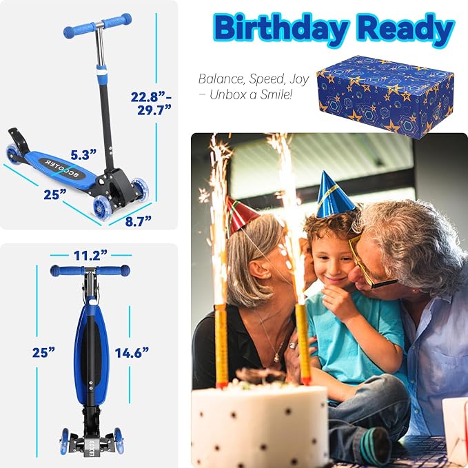 Scooter for Kids Ages 3-5, LED Light Up 3 Wheel Toddler Scooter with 4 Adjustable Heights, Lean-to-Steer Wheels, Safe Metal Brake, Foldable Kick Scooter for Boys Girls, Support 120 lbs, Birthday Gift