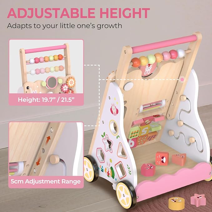 Baby Push Walker, Wooden Baby Walker with Wheels, Montessori Activity Center for 1 2 3 Years Old Boys Girls, Adjustable Speed & Height Push Toy for Toddler Learning to Walk, Kids Development Gift