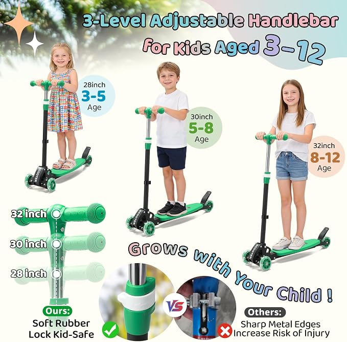 Kick Scooters for Kids 5-7 8-12,Lean to Steer,Three Wheeled Light Up,28"-32" Adjustable Handlebar,Widen Anti-Slip Deck,Floor Push Scooter for Boys Girls Ages 6-12 3-4 Old,Foldable for Travel