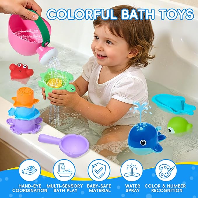 Baby Bath Toys for Kids Ages 1-3, 17PCS Mold-Free No Hole Bath Toys, Pool Water Table Toys, Toddler Bath Toy Set with Whale Sprayer, Boats & Stacking Cups, Easy Clean Bathtub Toys Girls Boys Gifts