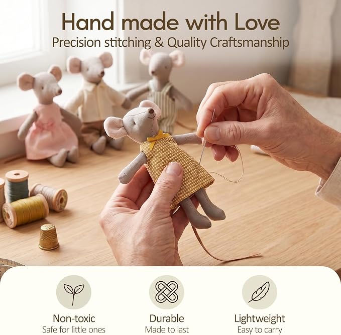 Giant bean Mouse Toys for Kids, 4 PCS Hand Made Mouse Family Dolls with Removable Clothes, Suitable for Infants, Boys and Girls, Dollhouse People