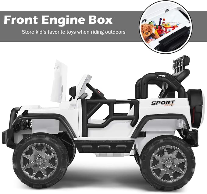 Costzon 2-Seater Ride on Truck, 12V Battery Powered Electric Vehicle Toy w/Storage, Remote Control, 3 Speed, LED Lights, MP3, Horn, Music, 2 Doors Open, Spring Suspension, Ride on Car for Kids(White)