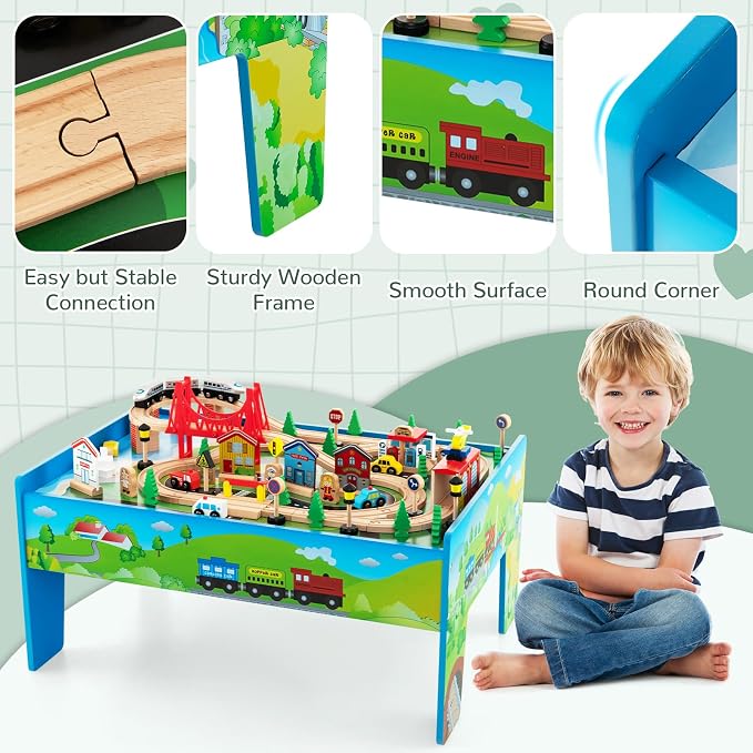 INFANS Train Table, 80 Pieces Wooden Kids Activity Toy Table Playset with Reversible Detachable Tabletop, Tracks, Train, Railway, City, Gift for Toddler Boys Girls Ages 3+ (32.5" x 23.5" x 16")