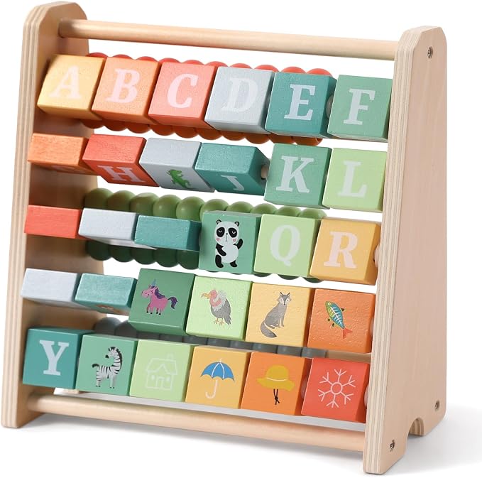 FReniland Wooden Activity Cube - Double-Sided Abacus & Alphabet Flip Tiles for Toddlers 18M+, Educational Counting Toy for Preschool and Homeschool Learning