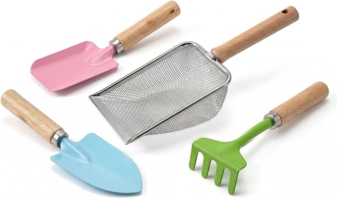 Beach Sand Toys for Kids Toddlers, Beach Mesh Shovel Rake Set with Sifter & Shell Clipping Tongs, Travel Mesh Scooper for Digging, Sifting Collecting Shells, Shark Tooth Sifter Dipper for Boys Girls