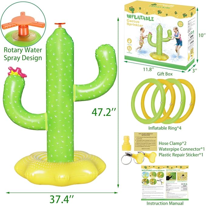 Sprinkler for Kids Outdoor Water Toy, Inflatable Cactus Toddler Sprinkler Toy Summer Water Toys Outside Backyard Garden Yard Fun Sprinklers Spray Toys with 4 Rings