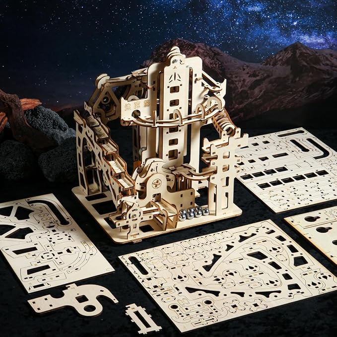 Adult 3D Wooden Marble Run Puzzle Kit, DIY Mechanical Model Construction Set, Educational STEM Puzzle Desktop Toy or Decorative Item for Teens Aged 14 and Up