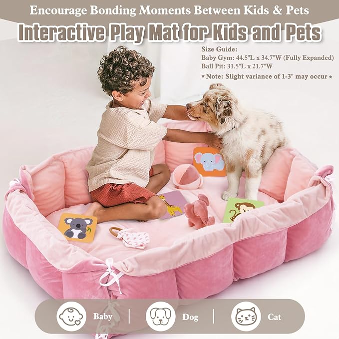 5-in-1 Plush Baby Play Gym, Baby Play Mats, Convertible Baby Gym, Tummy time mat, 6 Sensory Toys, Activity Center, Ball Pit, Light Pink