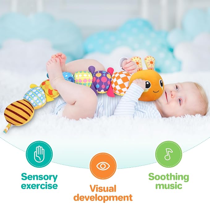 KMUYSL Baby Sensory Caterpillar Toys for 0-6 6-12 Months, Soft Plush Activity Toy with Crinkle, Rattle & Gentle Music, Tummy Time Toy for Infant Newborn, Early Development Toy Shower Gifts for Baby