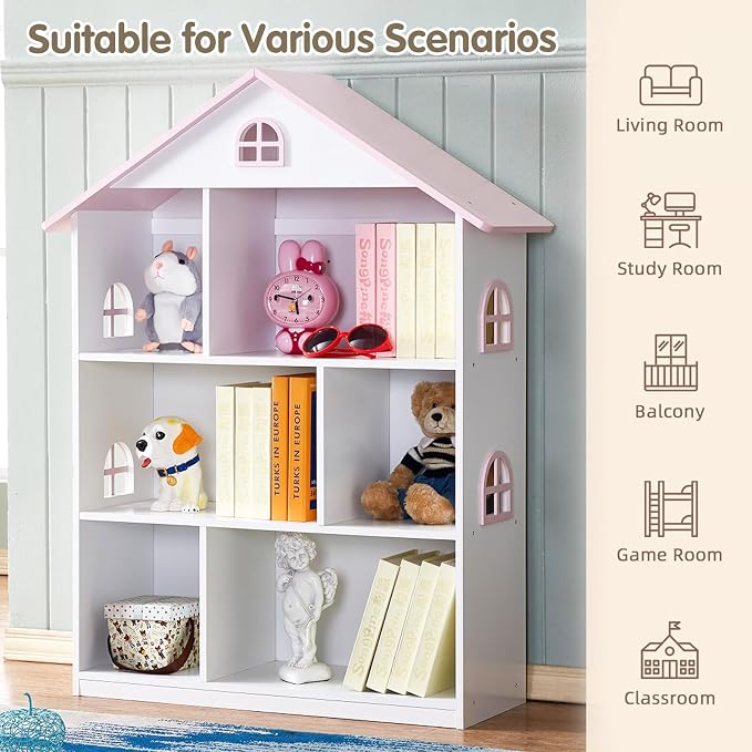 Kids Dollhouse Bookshelf and Toy Storage - Wooden Stand Dollhouse Bookcase with 3-Tier Storage Display, Bookshelf for Playing Room, Nursery, Gift for Boys Girls (6 Room - Pink with White)