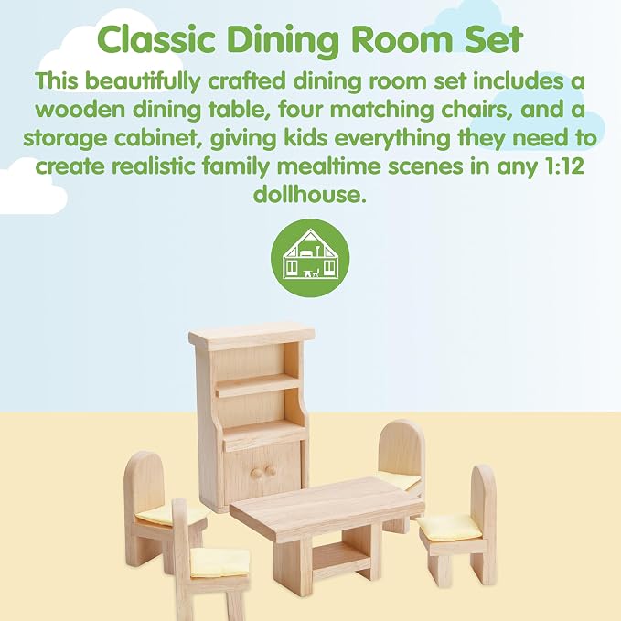 PlanToys® Dining Room Classic Set | Montessori Small World and Family Role Play | Eco Friendly Wooden Dining Room Furniture for Imaginative Play