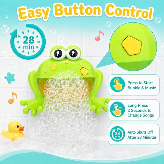 Bath Toys for Toddlers 1-3, LED Light Up Frog Bubble Machine with 24 Songs & Song Switch, Automatic Bubble Maker Blower for Baby Bathtub, Fun Shower Toys for Boys Girls, 18M+