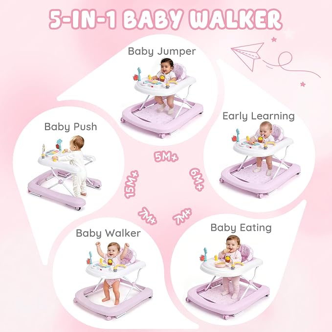 Baby Walker with Wheels, 5-in-1 Foldable Push Walker for Baby Girls 6-12 Months, Baby Walker & Bouncer Combo, Adjustable Height, Music Light Infant Activity Center Bouncer Walker(Pink)