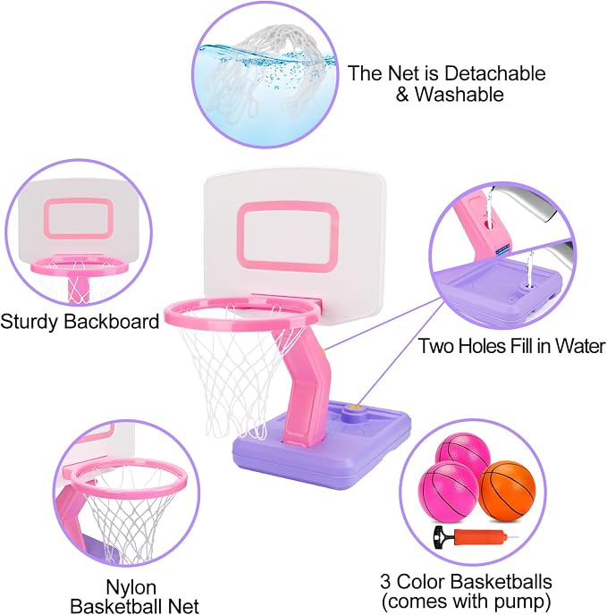 Qirptey Toddler Girl Basketball Hoop Indoor Pink Adjustable Mini Basketball Goal with Ball Pump for Outdoor Poolside Toys Backyard Game Outside Basketball Toy for Kids Age 3-5 6 7 4-8 Birthday Gift