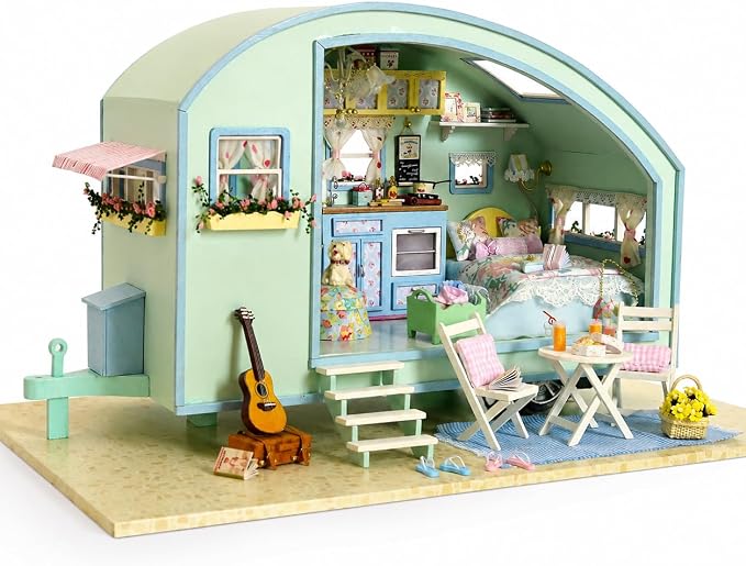 CUTEROOM DIY Miniature Wooden Caravan Dollhouse Kit with Furniture - Creative Mini Doll House Craft for Adults, Teens - Perfect Christmas Birthday Gift