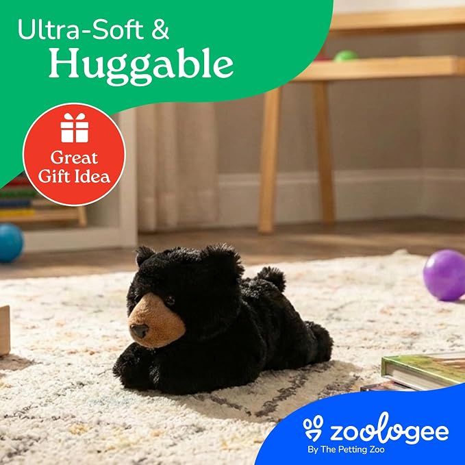 The Petting Zoo Black Bear Stuffed Animal Plushie, Gifts for Kids, Scoopz Wildlife Animals, Bear Plush Toy, 8 inches