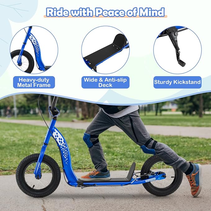 GYMAX Scooter, Kick Scooter for Adults, Teens, Kids with Adjustable Handlebar, 12” Inflatable Wheels, Front Caliper Brake & Non-Slip Deck, Heavy Duty Off-Road Scooter