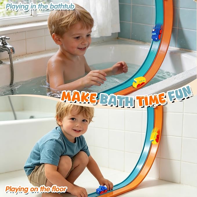 Race Car Bath Toy Set, 8-Piece Long Flexible Dual-Color Bathtub Track Set with 2 Mini Cars, Mesh Storage Bag, 4 Strong Suction Cups– DIY Bathtub Water Slide Toys for Kids