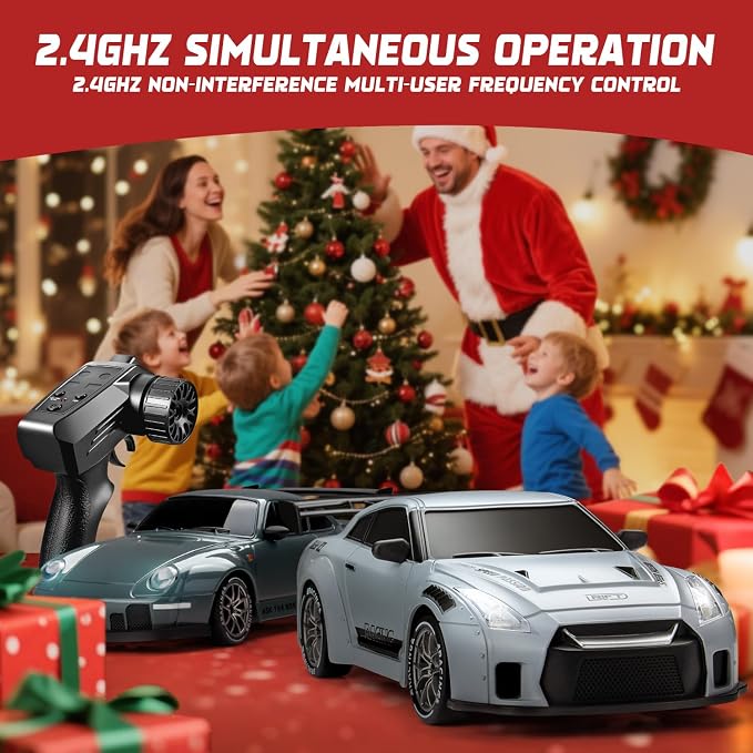 RC Drift Car, 1/24 Remote Control Drift Car for Adults Kids, 4WD 20KM/H High Speed Widebody Design Grey RC Sports Cars with LED Lights, Extra Tires, Vehicle for Boys Beginner Indoors Outdoors