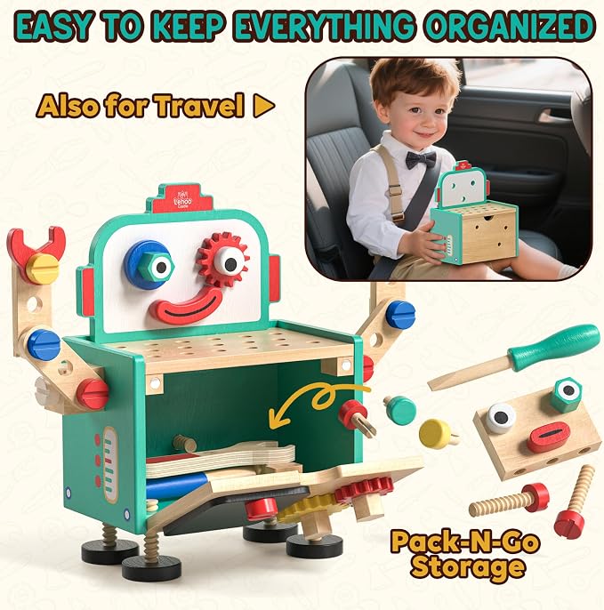 Lehoo Castle Kids Tool Set, Wooden Mini Toddler Tool Bench with Blackboard, Robot Construction Toys with Hammer Wrench Screwdriver, STEM Learning Toys for Age 3-5, Birthday Gift for Boys & Girls