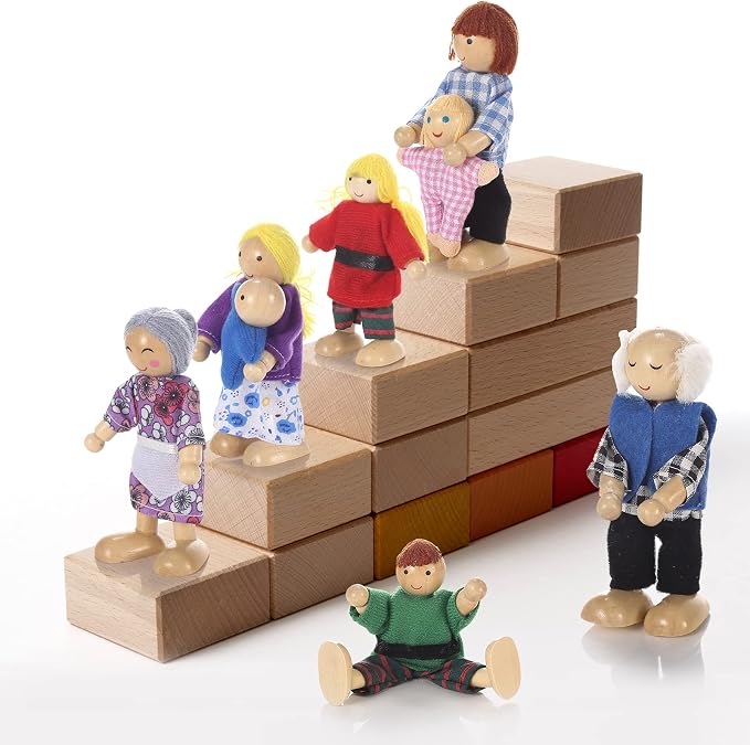 Jzszera Wooden Doll House Family of 8 Little Figures, Cute Dollhouse People for Girls Toddlers