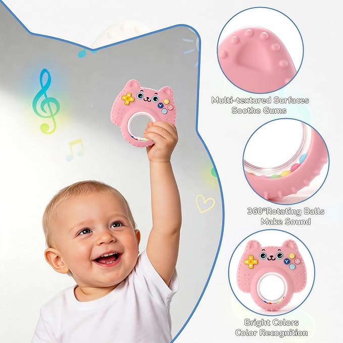Baby Teether Toy Silicone Cat Teething Ring -Game Controller, Baby Rattle Toy Chew Sensory Toys for Babies Over 3 Months, Teething Relief for Newborn Infant Essentials 0-6 6-12 Months, BPA Free -Pink