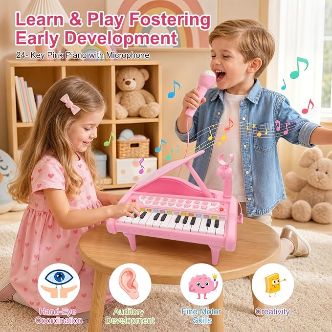Love&Mini Pink Piano Toys for 1+Years Old Girls First Birthday Gifts Toddler Piano Music Toy Instruments with 24 Keys and Microphone