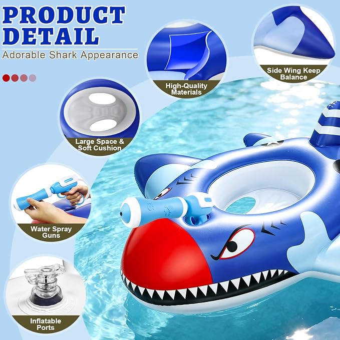 2 Pack Inflatable Shark Pool Floats Kids 3-11 Years, Kids Floaties Swimming Pool Toys with 2 Water Squirt Guns Boys Girls Party Float Ride-on Toddler Floatie with Safety Seat Summer Outdoor Water Game