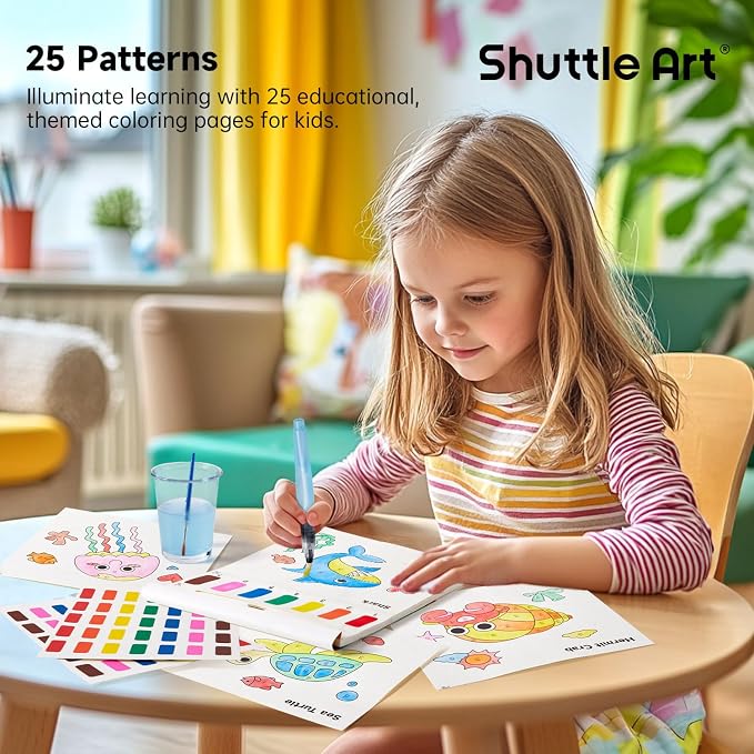 Shuttle Art Paint with Water Coloring Book for Kids, 25 Sea World Themed Pages with 2 Brushes, Mess-Free Watercolor Paint Set, Travel-Friendly Art Craft Gift for Toddlers, Birthday Christmas Gift