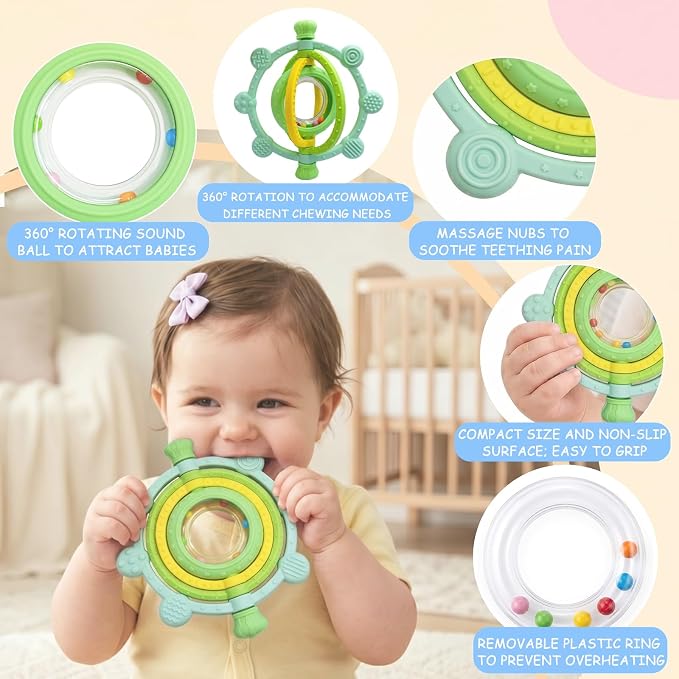 Rotatable Baby Teething Rings Rattle Toys for Infants 3-12 Months, Silicone Baby Teether Sensory Toys with Raised Textured Bumps, Safe & Soft for Chewing, Teething Relief, Soothing Sore Gums, BPA-Free