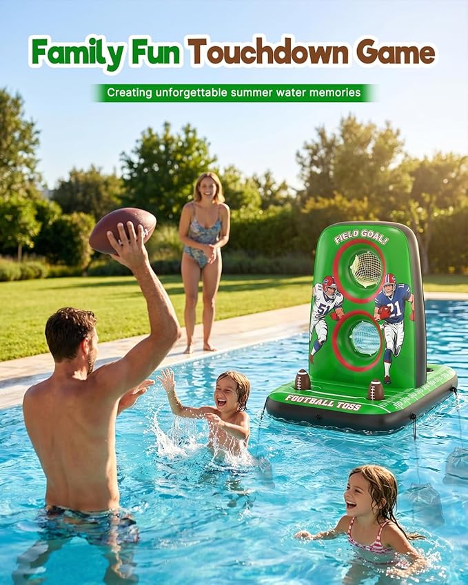 Inflatable Football Toss Game for Pool Floating Water Football Target with 4 Balls & 2 Pumps, Stable Base Outdoor Backyard & Beach Games Summer Pool Party Game for Kids, Teen & Adults