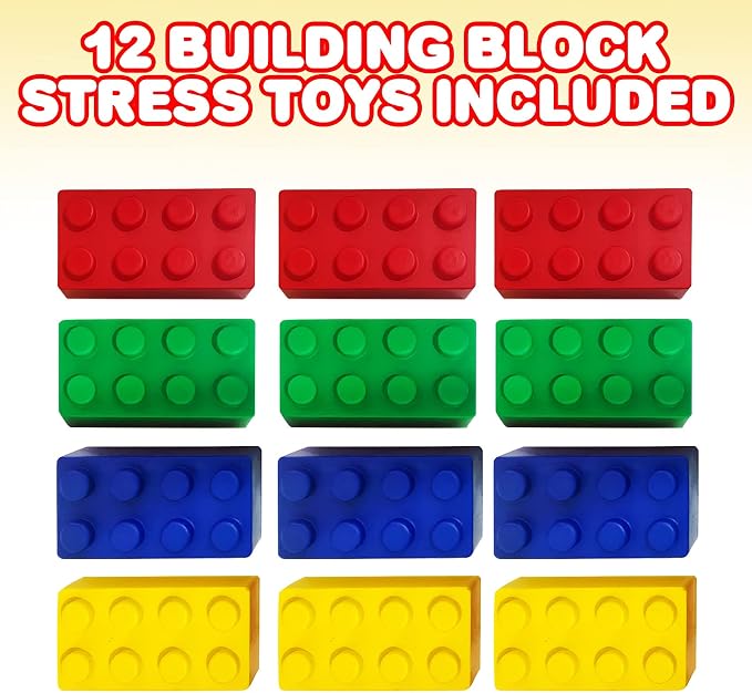 ArtCreativity Building Block Stress Relief Toys for Kids, Set of 12, Stacking Construction Foam Squeeze Toys in 4 Vibrant Colors, Birthday Party Favors, Goodie Bag Fillers Office Gifts Sensory Fidget