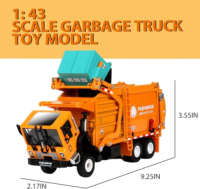 FUBARBAR Truck Toy Model – 1:43 Diecast Metal Garbage Recycling Waste Transport Truck with Trash Bin, Pull Back Model Car Toy for Kids 4-6 Age Boys Birthday Gift (Orange)