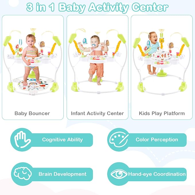 HONEY JOY Baby Bouncer Activity Center, Infant Jumper and Table w/ 360° Rotary Seat, 3 Adjustable Heights, Mat, Music, Lights, Sounds & Developmental Toys, Activity Center for Babies (Yellow)