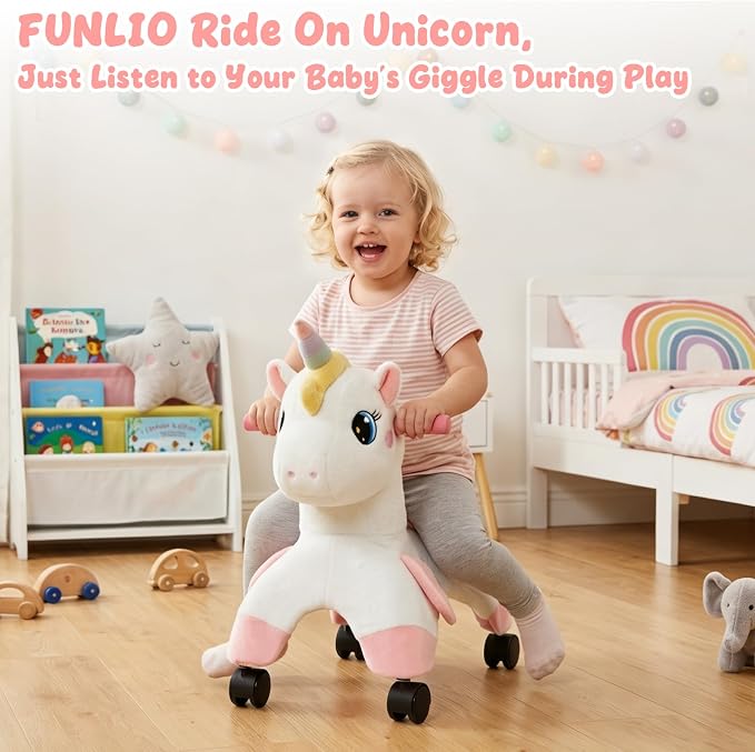 FUNLIO Unicorn Ride On Toys, Toddler Ride On Toys with 360° Wheels, Toddler Bike Designed to Develop Balance & Coordination, for Indoor/Outdoor Play, Easy to Assemble, CPC & CE Certified