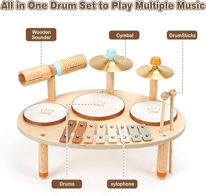 Vanplay Drum Set for Toddler - Toys for 2 3 4 Year Old Girls Boy Gifts - 9 in 1 Wooden Montessori Musical Instruments with Xylophone for Kids 3-5, Christmas Birthday Gifts for Toddlers 2-4