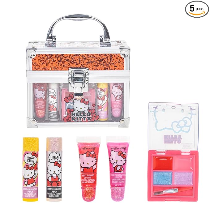 Hello Kitty Beauty Mini Train Case Set Includes Lip Gloss Tube, Lip Balm, Lip Gloss Compact for Girls Party, Sleepovers by Townley Girl