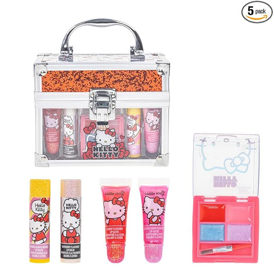 Hello Kitty Beauty Mini Train Case Set Includes Lip Gloss Tube, Lip Balm, Lip Gloss Compact for Girls Party, Sleepovers by Townley Girl