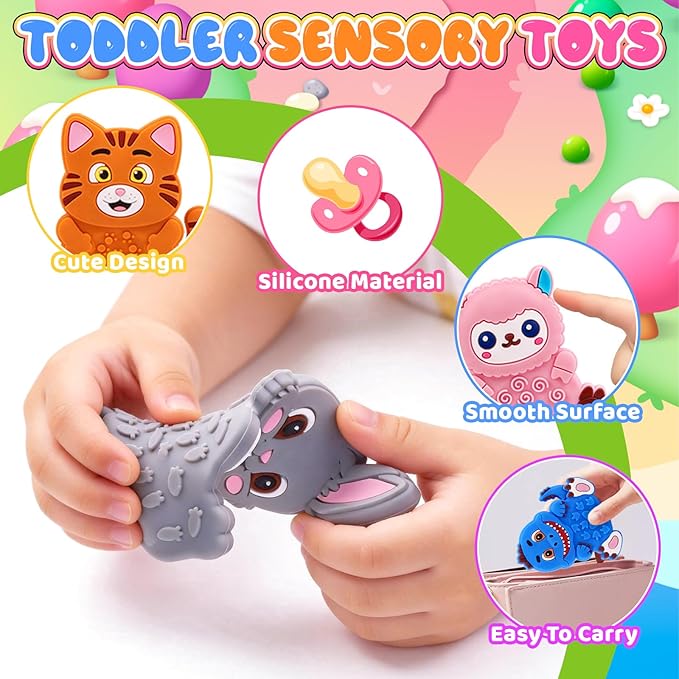 12 Pack Animal Texture Sensory Toys for Kids, Toddler Travel Toys for Airplane Car Roadtrip, Silicone Calming Autism Quiet Fidgets for Classroom, Birthday Gifts for Kids Toddlers