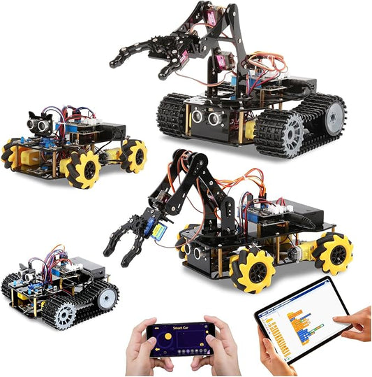 4 in 1 Robotics for Kids Ages 12-16, Smart Robot Arm with 5DOF + Tank Car, STEM Toys Compatible with Arduino & Scratch & Python, App & Remote Control, Gift for Kids & Teens & Adult