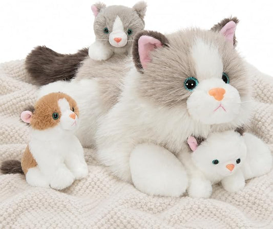 Tezituor Ragdoll Cat Stuffed Animals with Babies, 20 inch Large Realistic Stuffed Cat with 4 Cute Kittens, Soft White Ragdoll Cat Plush Pillow for Boys Girls