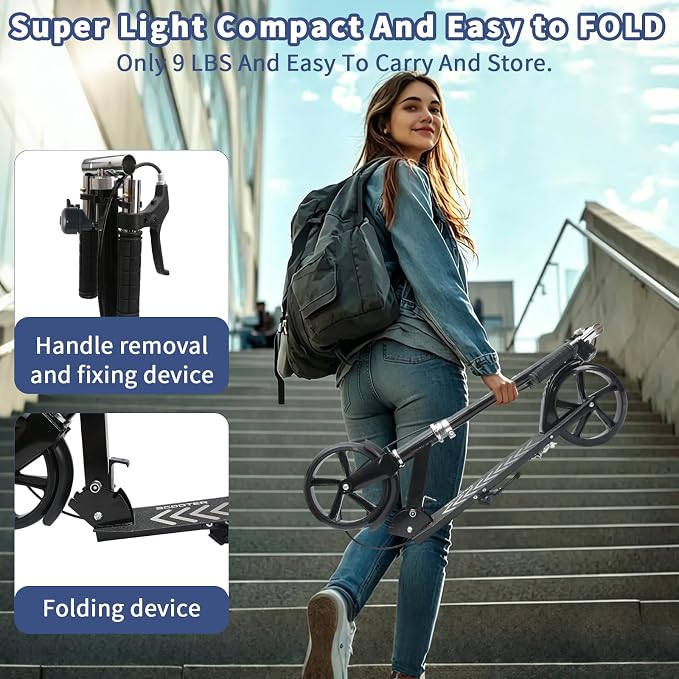 Scooters for Kids 8-12,Scooter for Teens Adults with 8-Inch Big Wheels Foldable Lightweight, 4 Adjustable Height Levels, 240 lbs Max Load Portable Scooter with Hand Brake