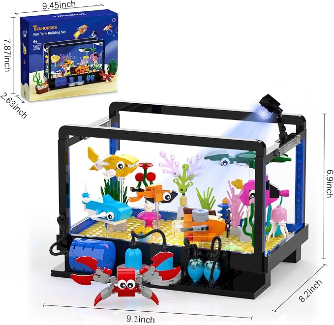 Tenhorses Fish Tank Building Block Set, Lighting Aquarium Sets Including Marine Life, a Submarine and a Treasure Chest, Building Block Toy for 6+, Gift for Sea Lovers.