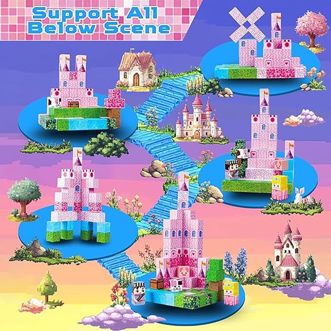 Pink Magnetic Building Blocks Magnetic Building Tiles Toys for Boys Girls Age 3+，Creative Plastic Magnet Square Gift for Kids Pink Castle 100PCS
