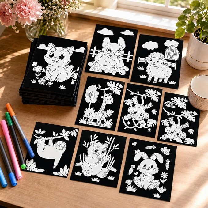 Cinrobiye 48 Pcs Velvet Coloring Posters Cute Animals Fuzzy Posters to Color Bulk Felt Coloring Page Craft for Adults, Teens and All Ages, Classroom, Assisted Living Stress Relief Activities