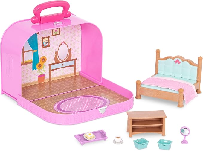 Li'l Woodzeez – Travel Suitcase Bedroom Playset with Furniture & Accessories Included, Portable Dollhouse for Imaginative Pretend Play, Collectible Toy Figures for 3+ Years